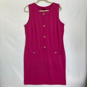 Talbots Women Sz 14 Fuchsia Pink Sleeveless Jersey Knit Shirt Dress Gold Button